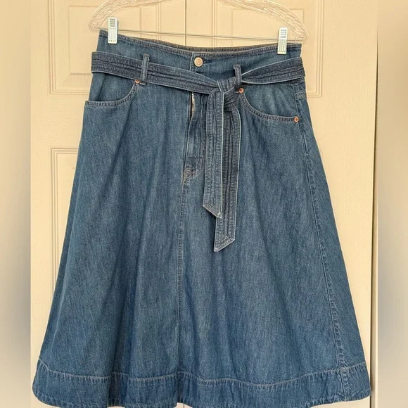 Ralph Lauren Blue Cotton, High Waisted Denim A-Line Skirt with Tie Belt  Size 8 - Picture 4 of 6